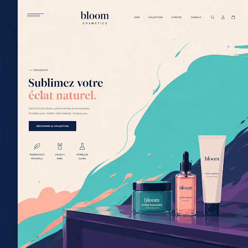 Bloom Cosmetics e-commerce homepage with flowing teal and plum brush illustration behind three skincare products