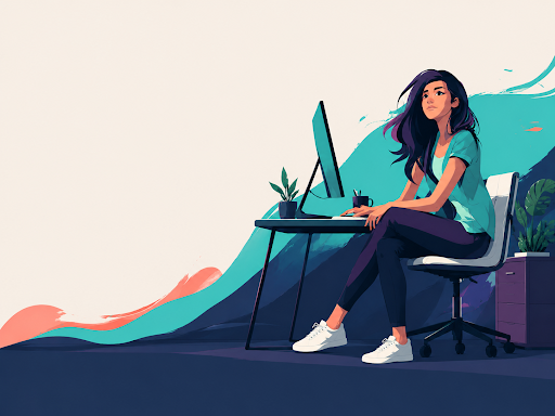Illustration of a designer working at her desk, surrounded by sweeping teal and coral brush strokes
