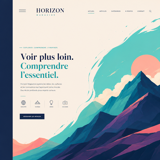 Horizon Magazine cover-style homepage with layered mountain illustration in teal, plum and coral