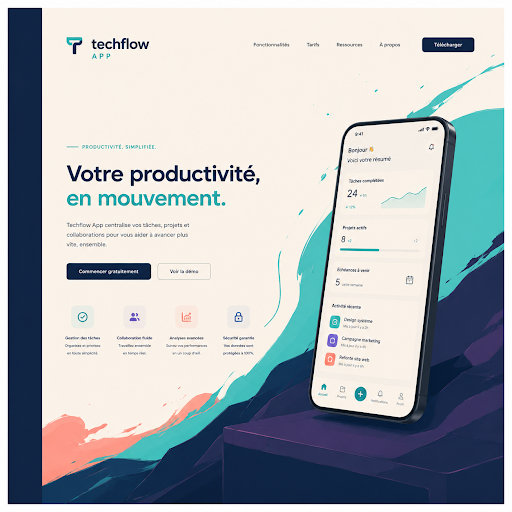 TechFlow productivity app landing page with a floating phone mockup on sweeping navy and teal shapes